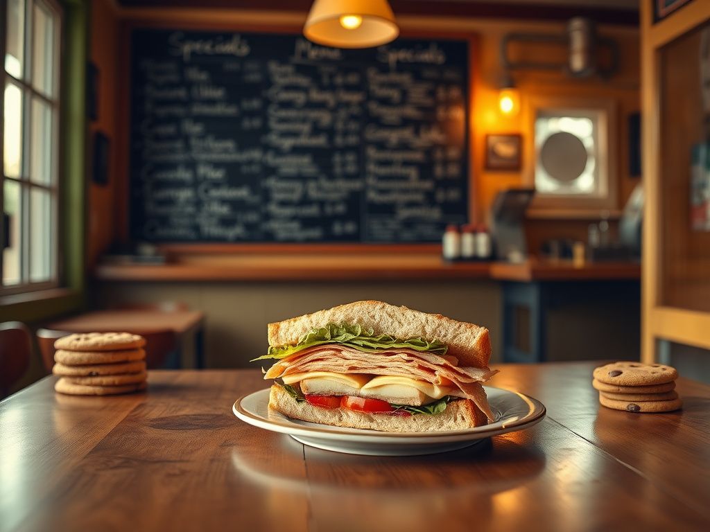 Flick International Cozy deli interior with half-eaten turkey sandwich on vintage plate
