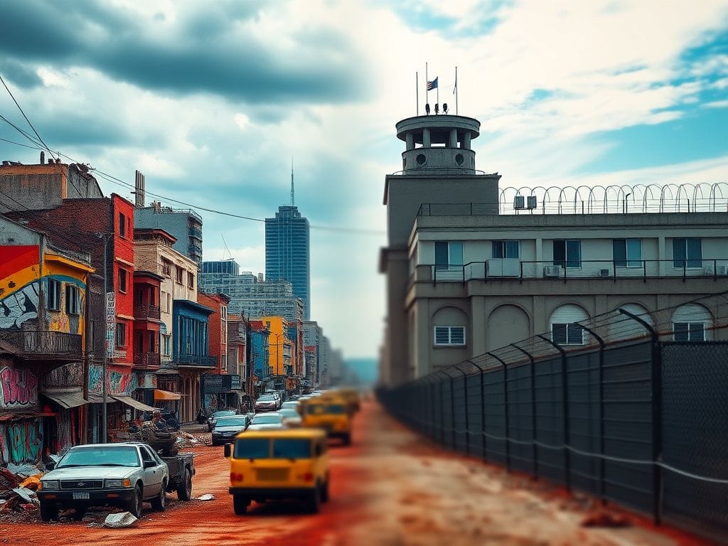 Flick International A split image showcasing Caracas' chaotic streets and Chicago's fortified military base