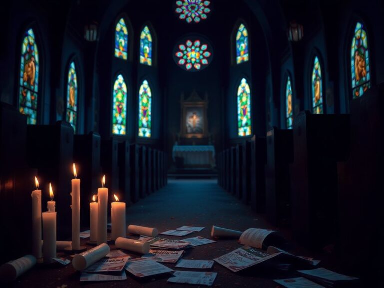 Flick International Dimly lit church interior showing empty pews and shattered candles after protest disruption