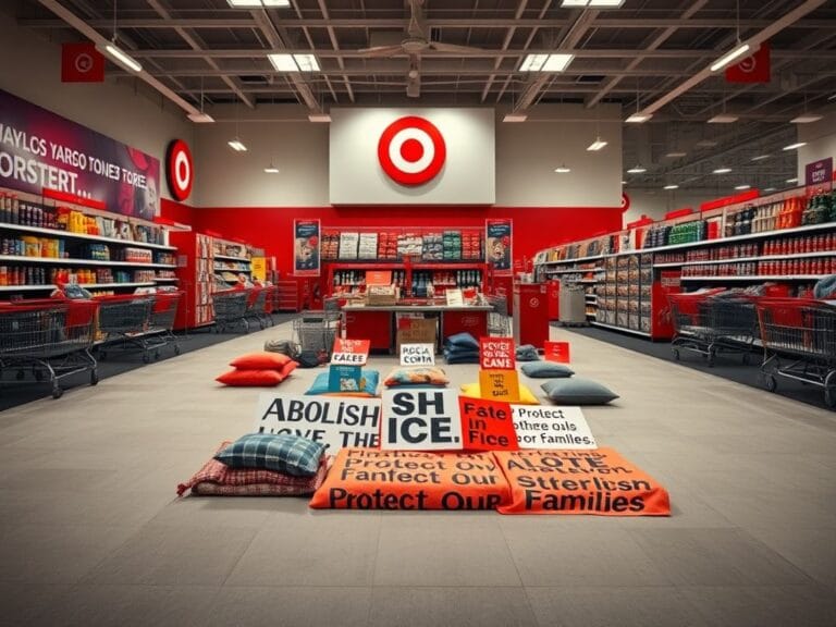 Flick International Empty Target store interior during an anti-ICE protest featuring blankets, signs, and pillows