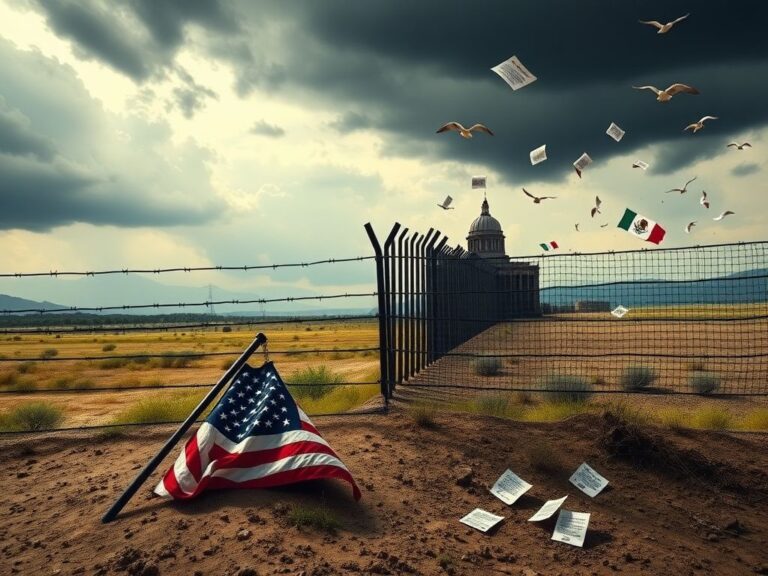 Flick International A dramatic depiction of the U.S.-Mexico border highlighting a barbed wire fence between contrasting landscapes