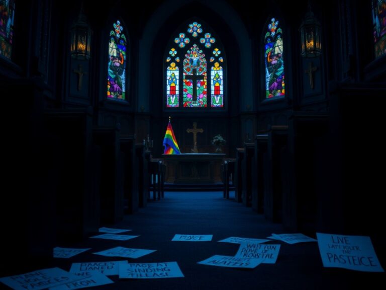 Flick International Interior view of a church featuring stained glass windows and empty pews
