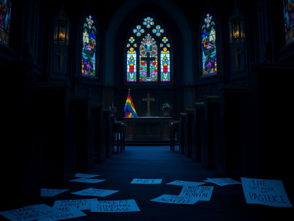 Flick International Interior view of a church featuring stained glass windows and empty pews