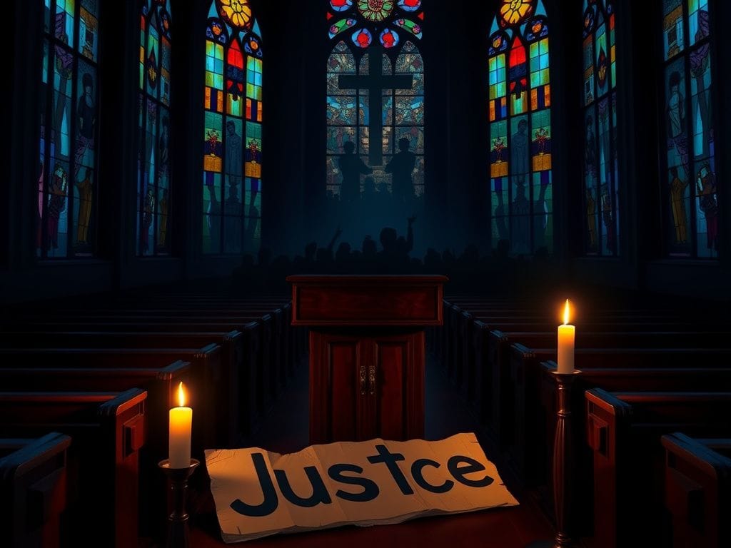Flick International Dimly lit church interior with stained glass windows and an empty pulpit symbolizing disruption
