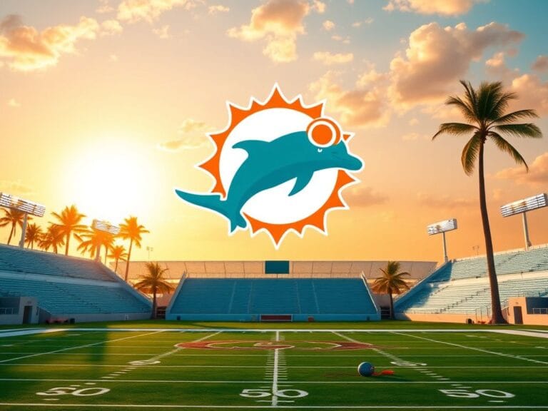Flick International Miami Dolphins logo displayed in a tropical coastal scene with palm trees and a sunset backdrop