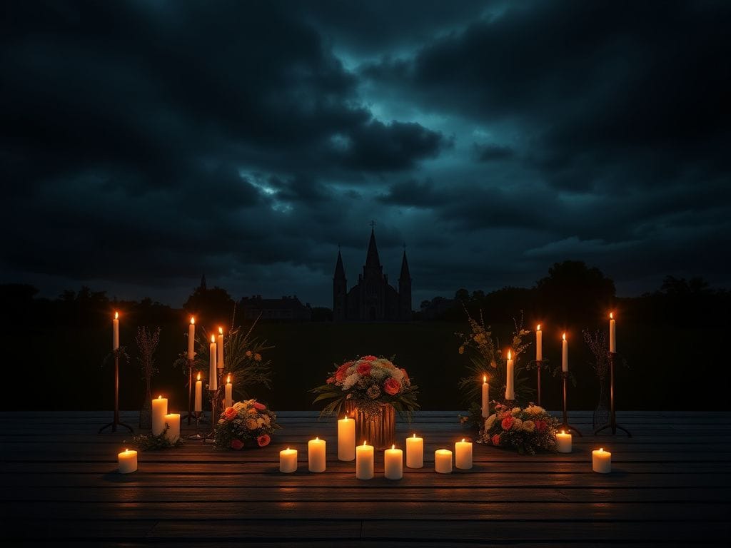 Flick International A somber vigil space illuminated by candles and flowers on a wooden altar