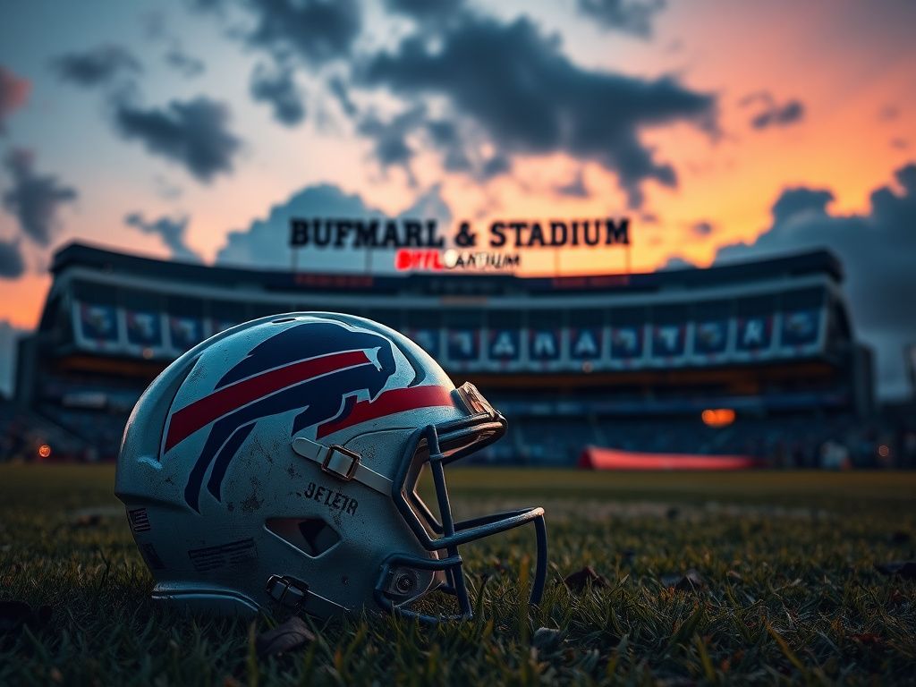 Flick International Buffalo Bills helmet in foreground with Highmark Stadium under twilight sky