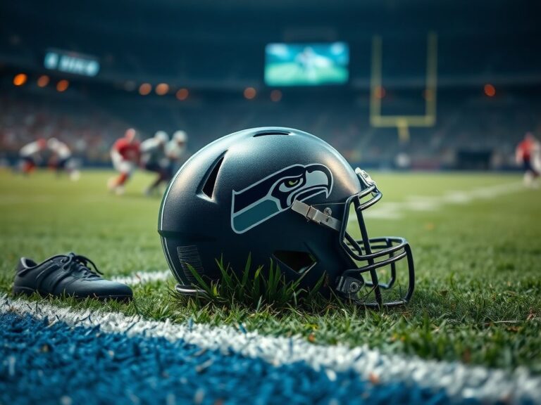 Flick International Close-up of a Seattle Seahawks helmet on the grass, symbolizing Zach Charbonnet's season-ending injury