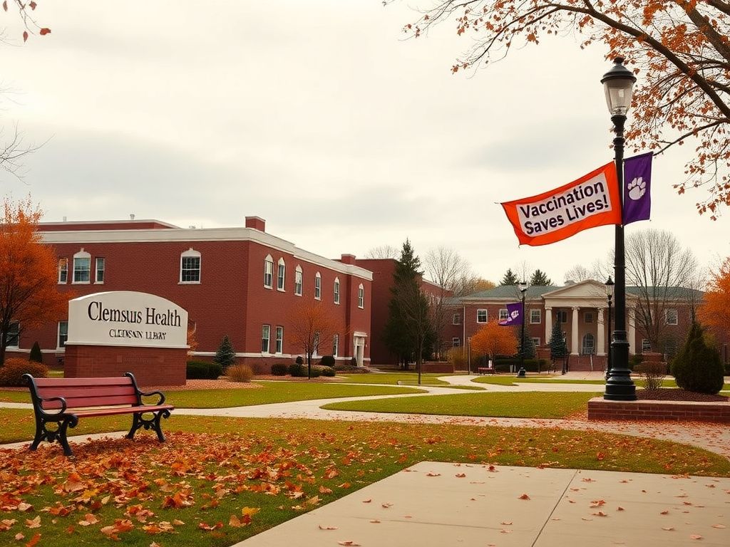 Flick International A serene autumn view of Clemson University with a focus on the Campus Health building amidst fallen leaves