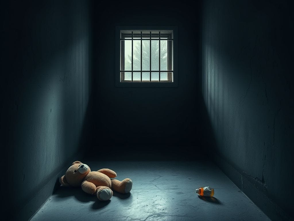 Flick International Dimly lit jail cell with a child's teddy bear on the floor symbolizing lost innocence