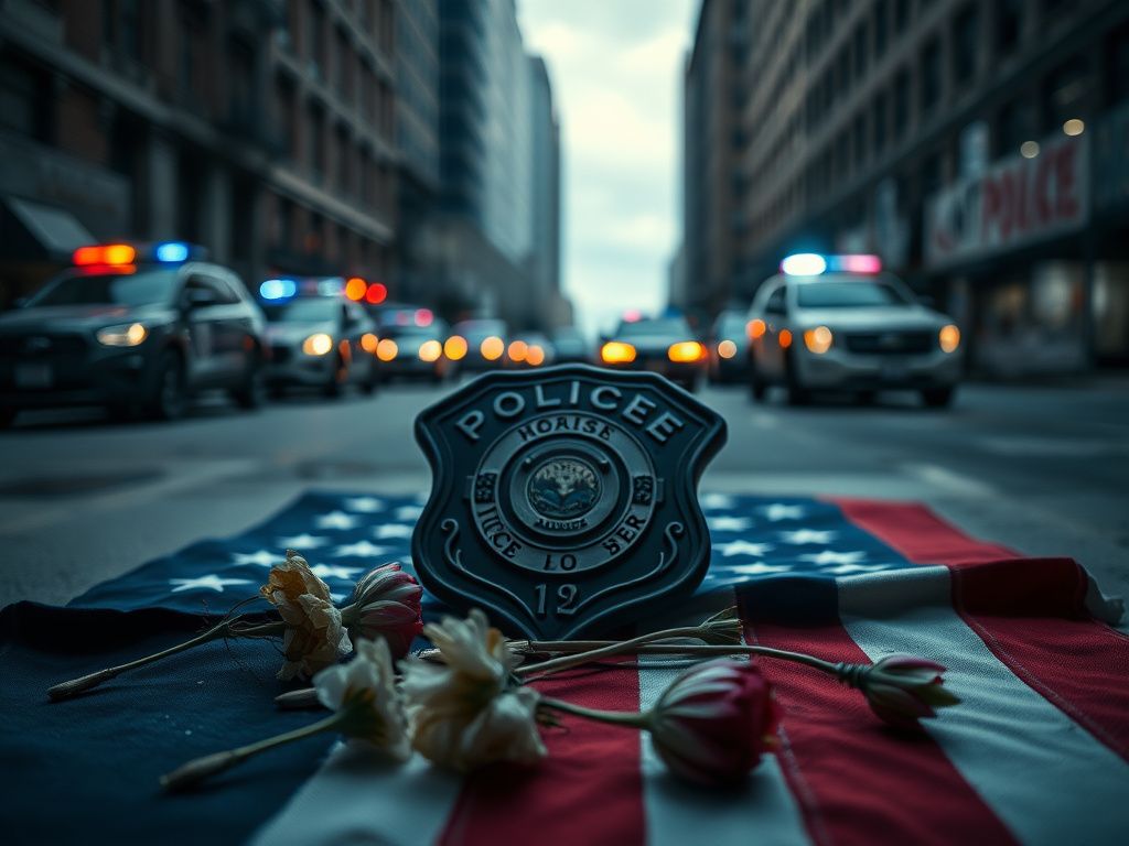Flick International Dimly lit police badge on an American flag symbolizing loss and service