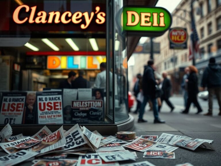 Flick International Outdoor view of Clancey’s Deli in Minneapolis showing tension with anti-ICE flyers scattered on the ground