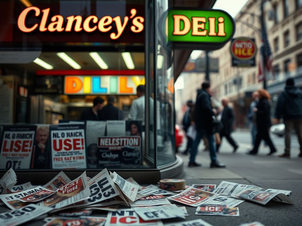 Flick International Outdoor view of Clancey’s Deli in Minneapolis showing tension with anti-ICE flyers scattered on the ground
