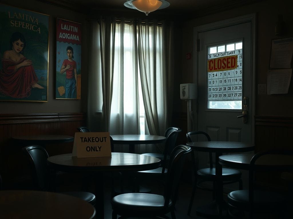 Flick International Dimly lit restaurant interior with empty tables and chairs symbolizing business struggles