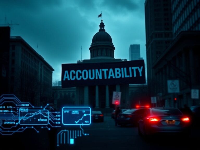 Flick International Shadowy silhouette of a government building representing law enforcement with a banner reading 'Accountability'.