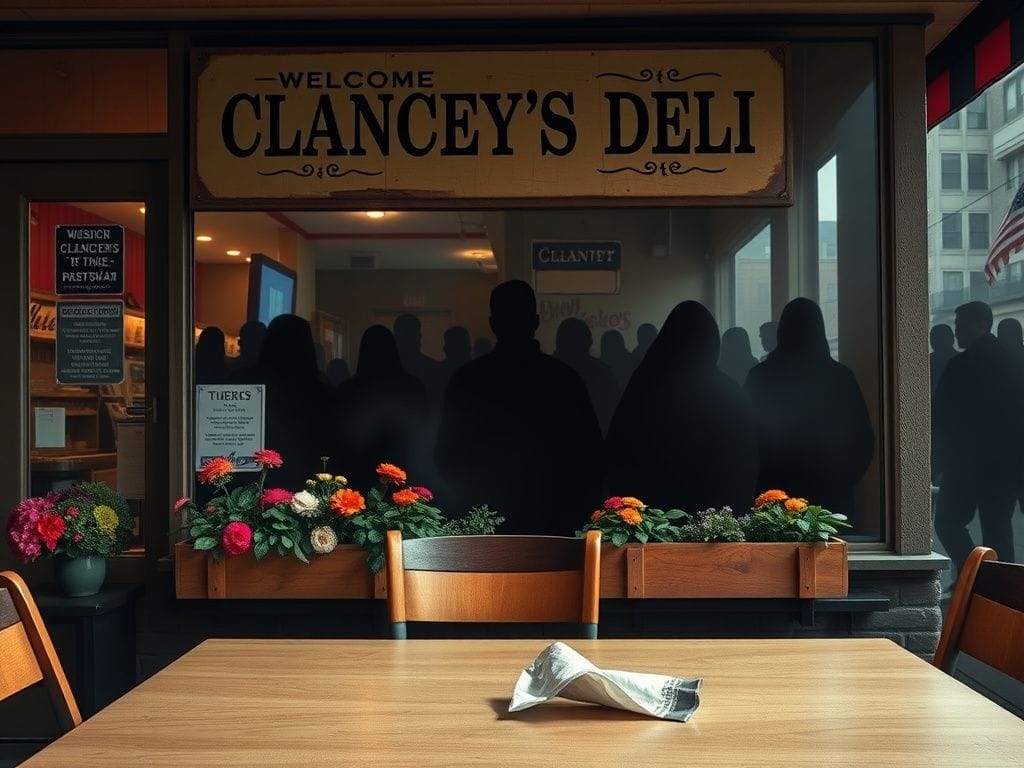 Flick International Exterior view of Clancey’s Deli surrounded by colorful flowers and shadowy figures in the distance