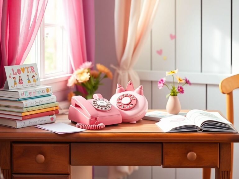 Flick International Bright pink princess landline phone showcased on a vintage wooden desk surrounded by colorful stationery and children's books