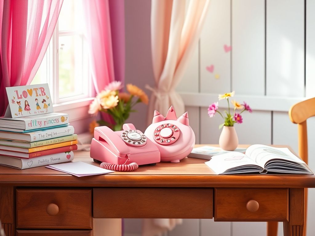 Flick International Bright pink princess landline phone showcased on a vintage wooden desk surrounded by colorful stationery and children's books