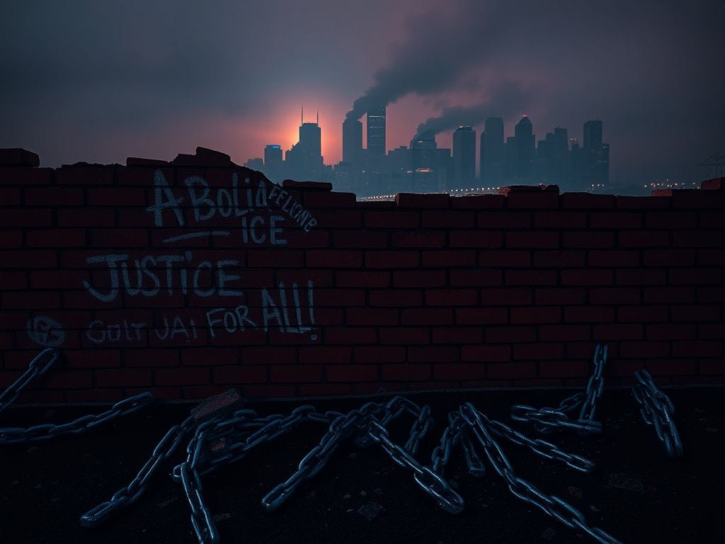 Flick International A crumbling brick wall covered in graffiti about immigration reform