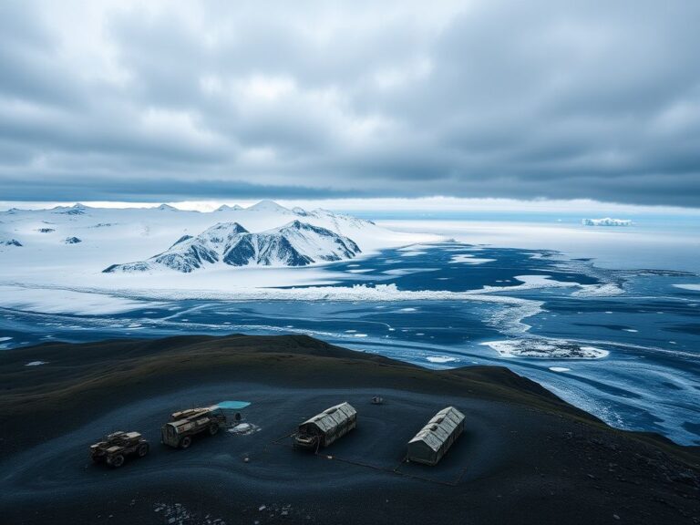 Flick International Aerial view of Greenland's rugged landscape with military outpost