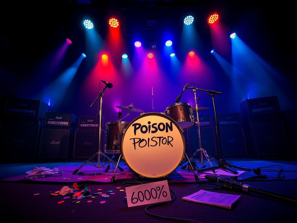 Flick International Empty drum set at a dramatic rock concert stage symbolizing the absence of a lead performer due to tour cancellation