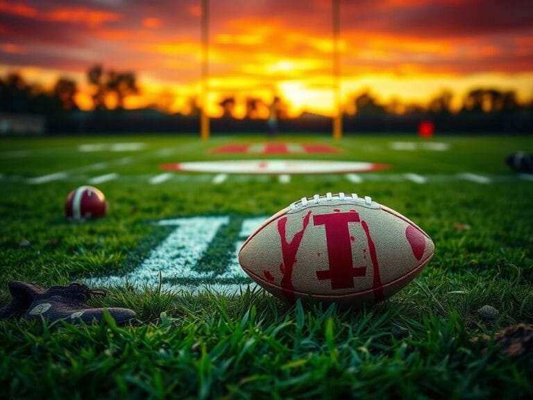 Flick International Close-up of Indiana Hoosiers football field with blood-stained football after intense play