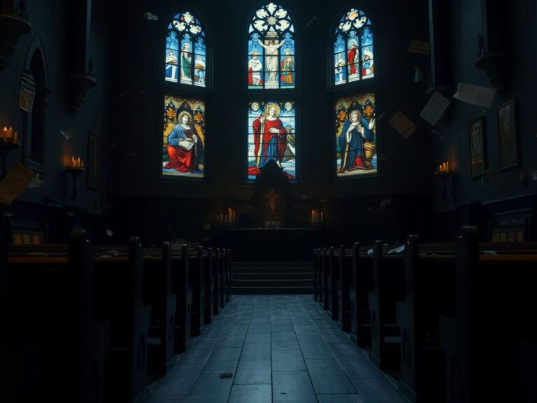 Flick International Interior view of a dimly lit church sanctuary with disarrayed pews and flickering candles