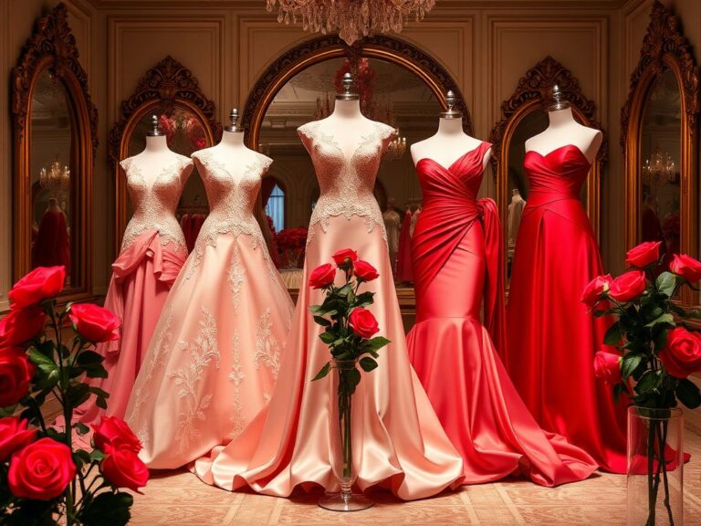 Flick International Luxurious haute couture gowns in various shades of 'Valentino red' elegantly displayed on mannequins in a grand atelier