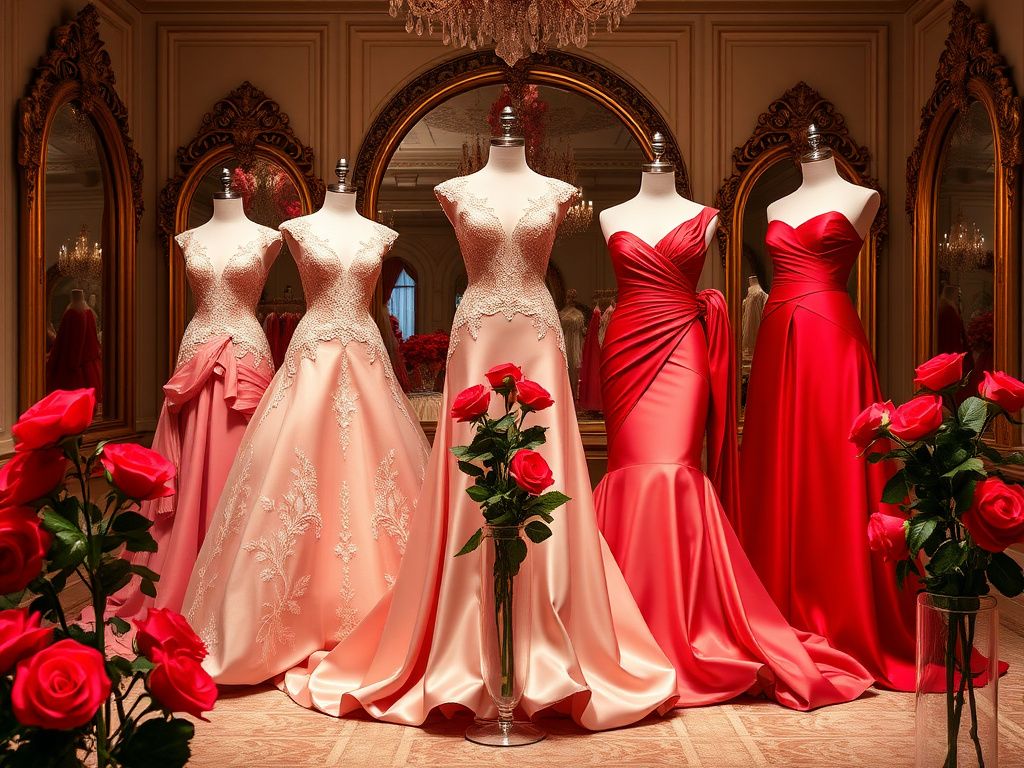 Flick International Luxurious haute couture gowns in various shades of 'Valentino red' elegantly displayed on mannequins in a grand atelier