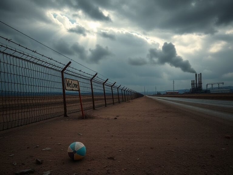 Flick International A deserted stretch of the southern border with a rusty barbed-wire fence and remnants of a children's toy symbolizing immigration issues