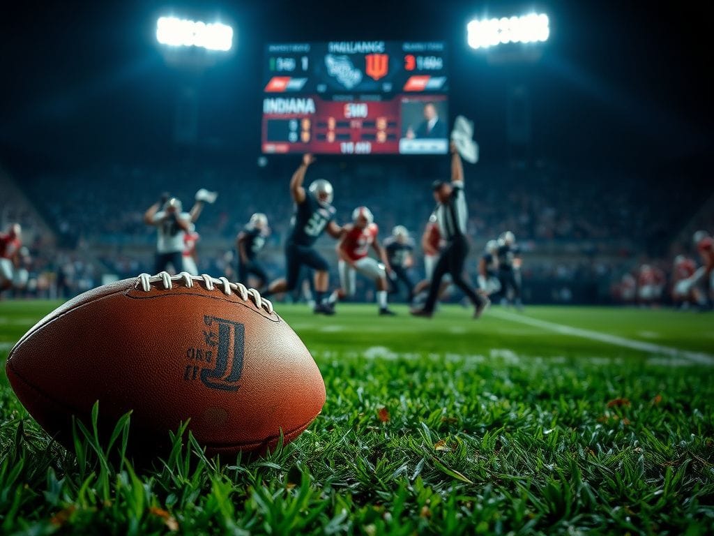 Flick International A close-up of a football on the grass during a national championship game under stadium lights