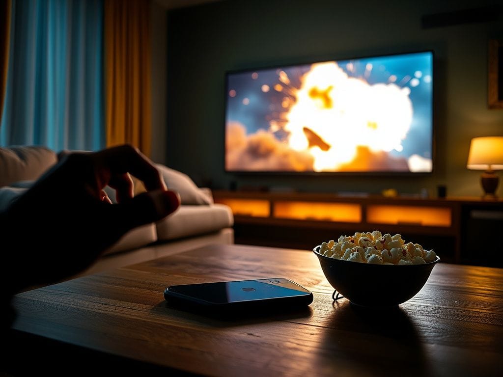 Flick International Dimly lit living room with plush sofa and large television showing action movie scene, smartphone on coffee table