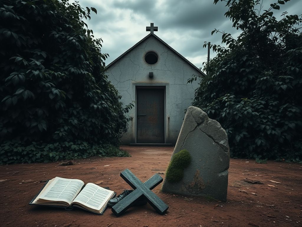 Flick International A deserted Nigerian church partially obscured by overgrown foliage, symbolizing the impact of recent abductions.