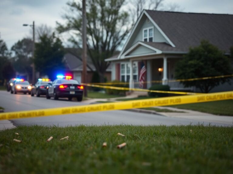 Flick International A quiet suburban street in Lafayette, Indiana, with police cars and yellow tape after a shooting incident.