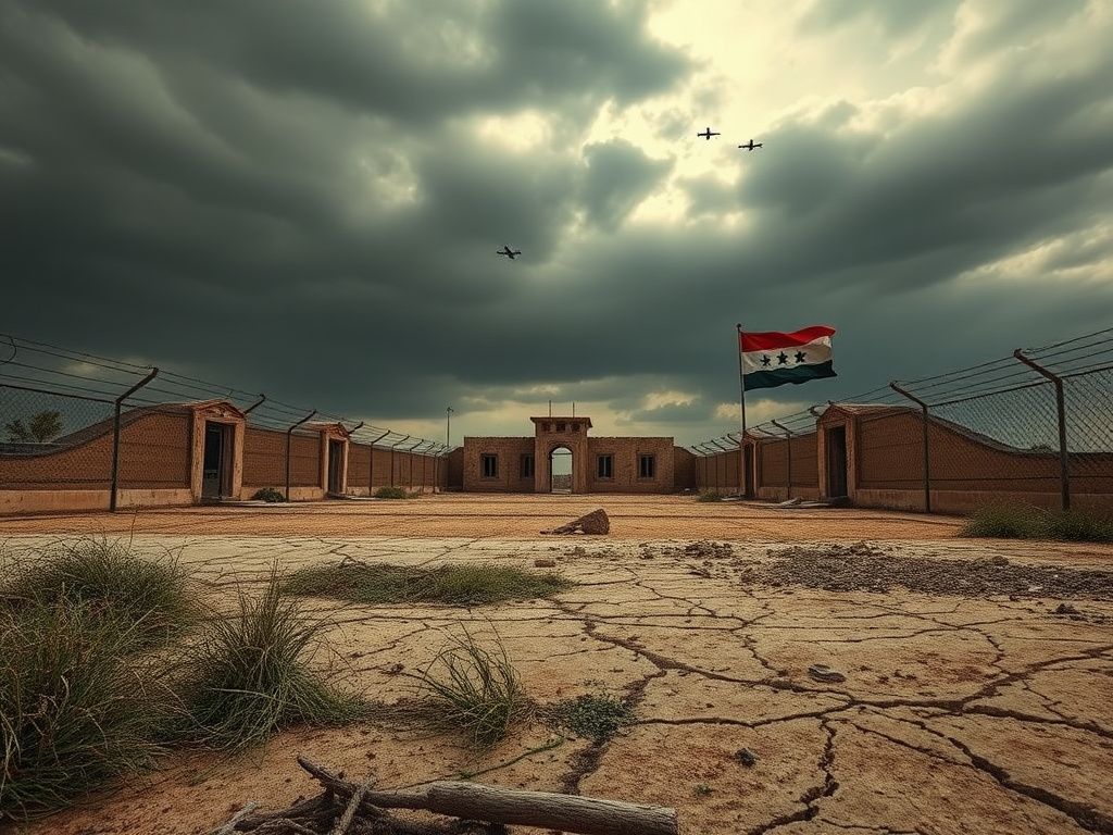 Flick International Desolate landscape of Al-Shaddadi prison in eastern Syria, showcasing barbed wire and crumbling walls under a brooding sky