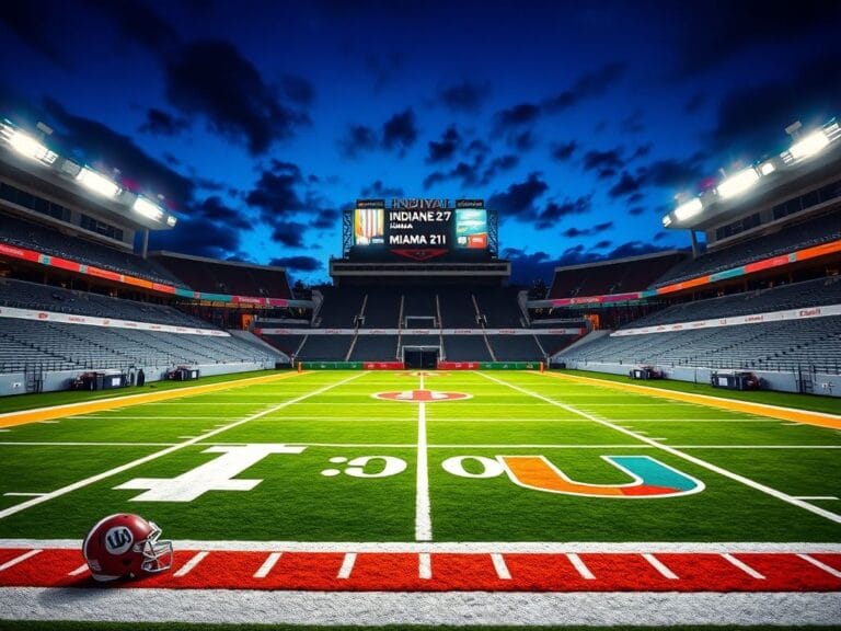 Flick International A vibrant football field at Hard Rock Stadium, showcasing Indiana Hoosiers and Miami Hurricanes logos under twilight sky.
