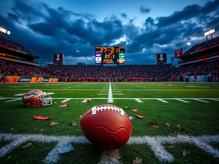 Flick International Intense football game aftermath with Miami Hurricanes and Indiana Hoosiers team banners