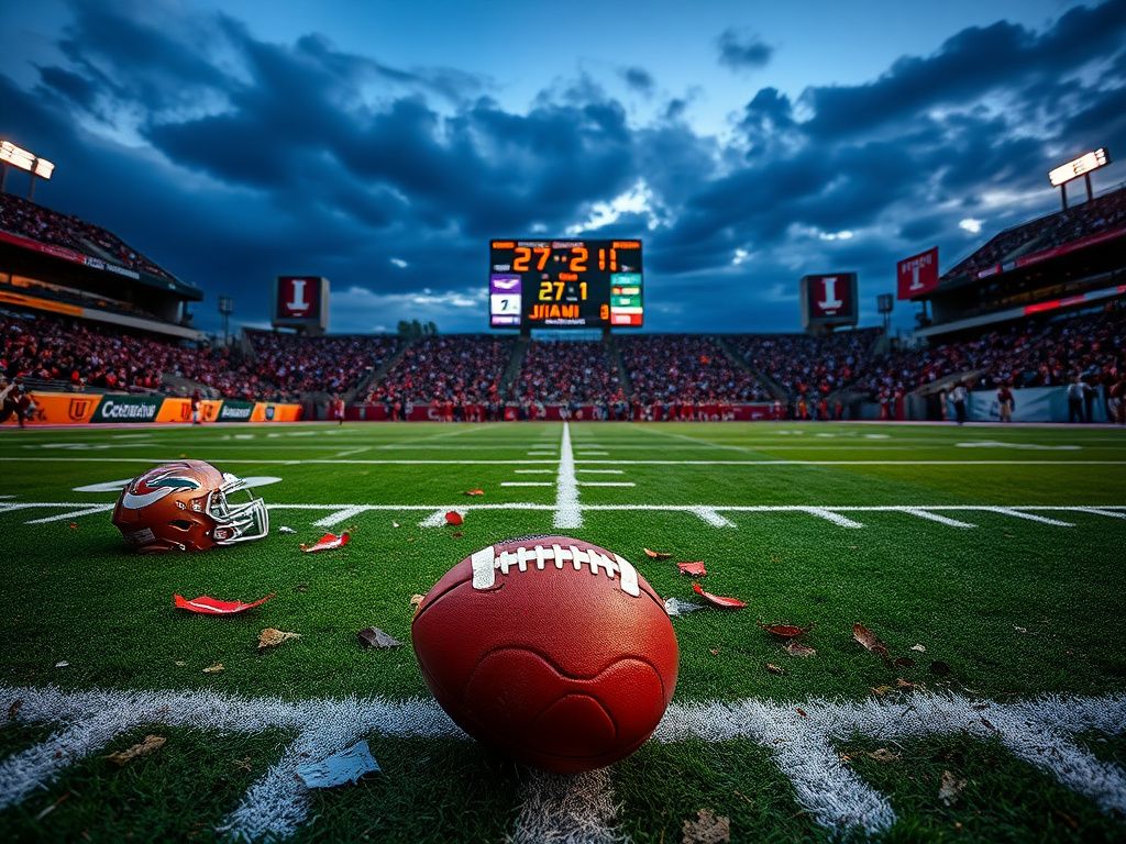 Flick International Intense football game aftermath with Miami Hurricanes and Indiana Hoosiers team banners