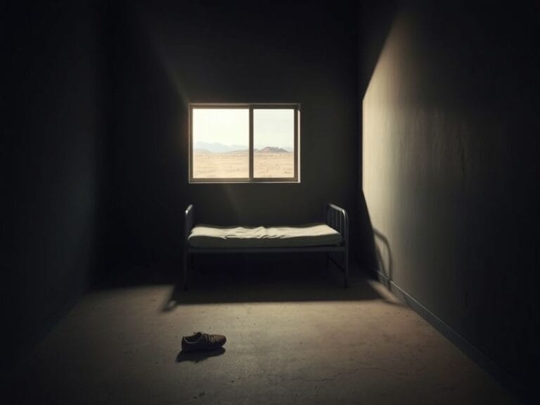 Flick International Empty immigration detention center room with a cot and a bleak desert view