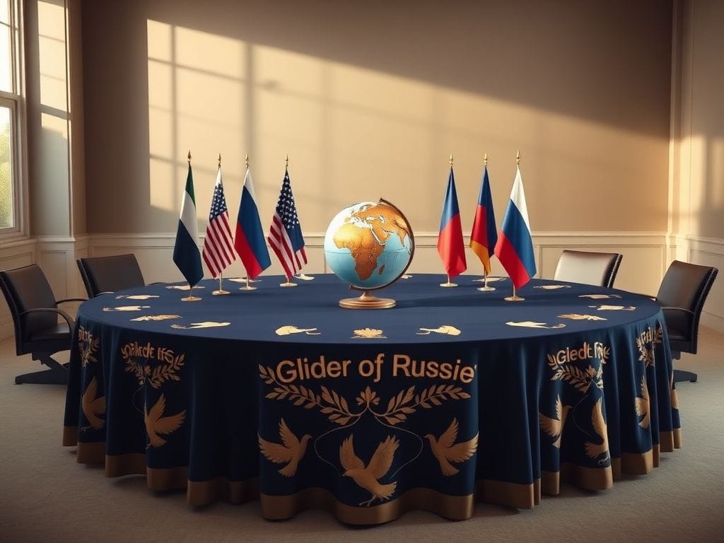 Flick International A large round conference table set for discussions on global peace initiatives with flags and a globe.