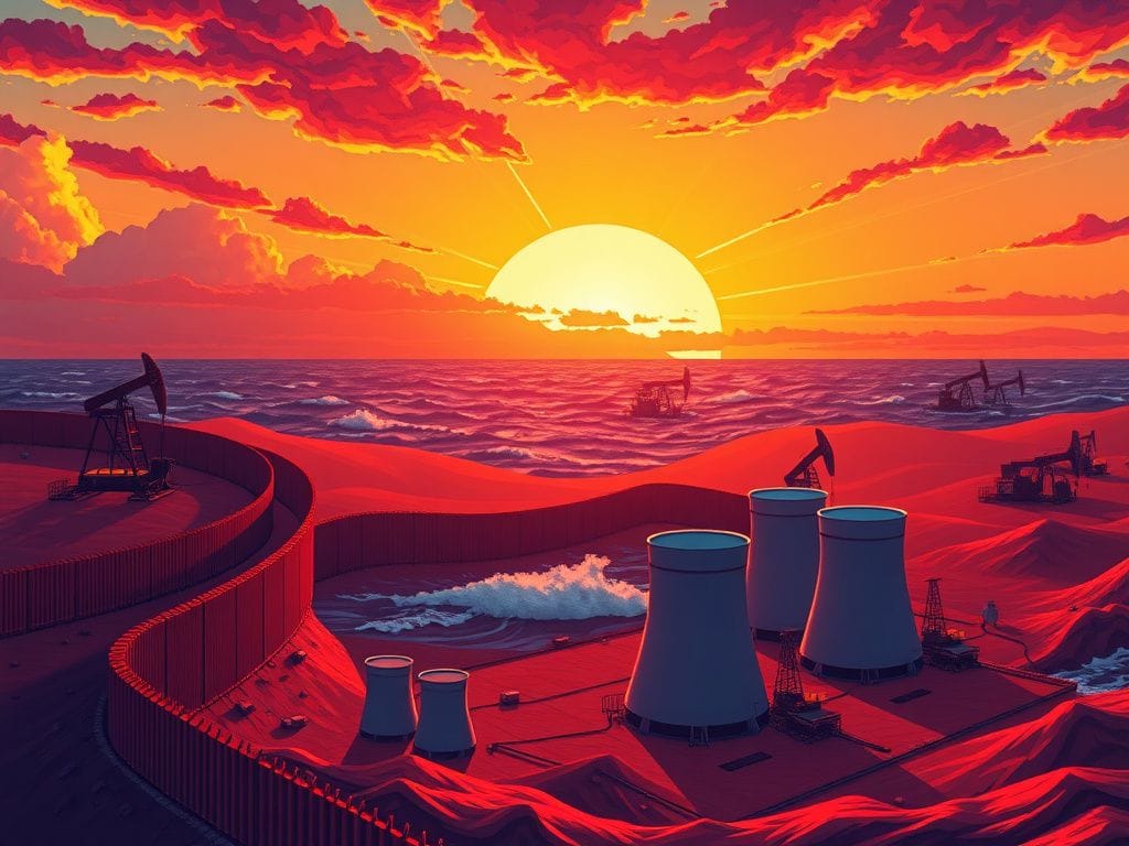 Flick International A vibrant illustration of a robust American landscape at sunrise, featuring a strong border wall, thriving oil rigs, and modular nuclear reactors.