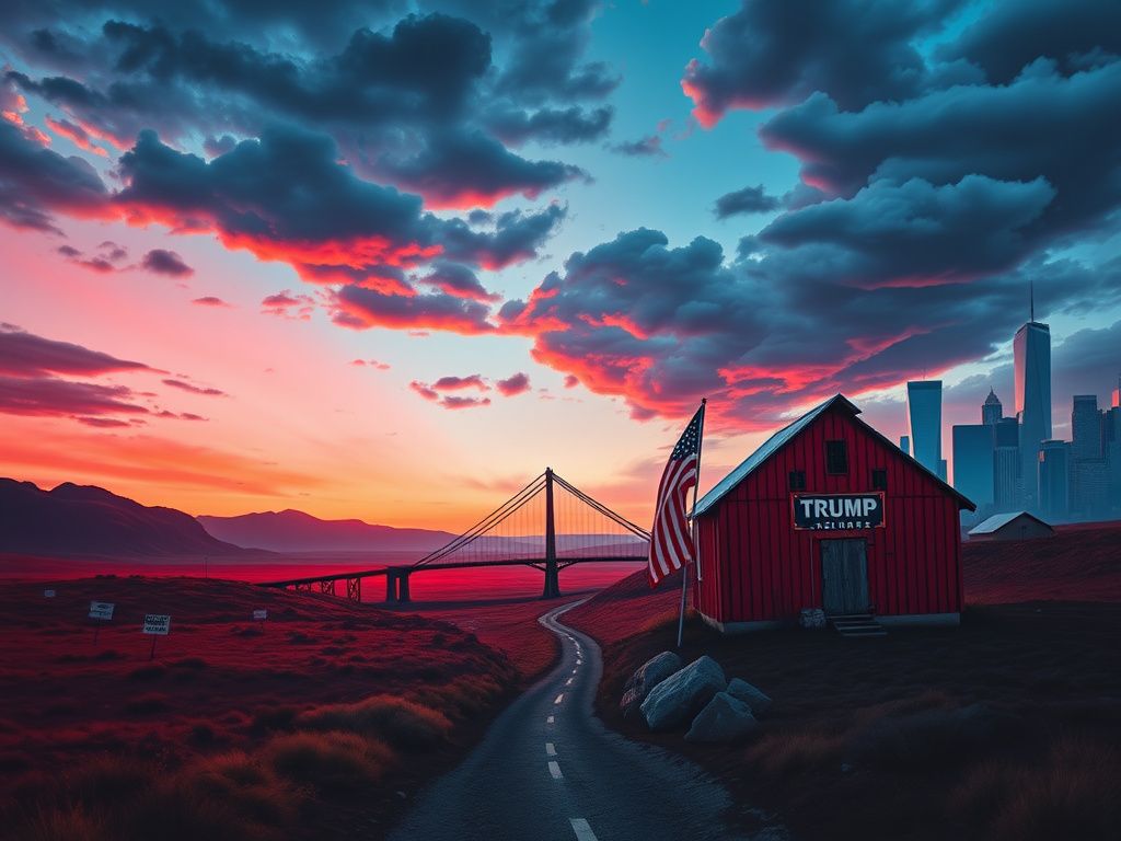 Flick International A divided American landscape symbolizing political polarization with contrasting red and blue hues