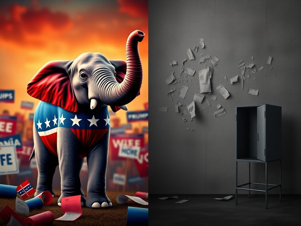 Flick International Vibrant Republican elephant symbolizing party strength amidst campaign signs and ballots