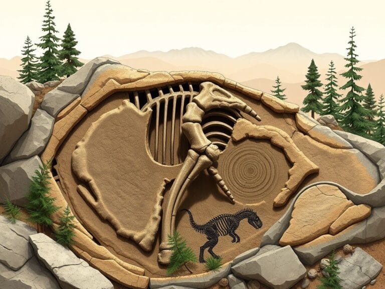 Flick International Illustration of T. rex fossils embedded in rocky terrain with leg bones and growth rings visible under polarized light