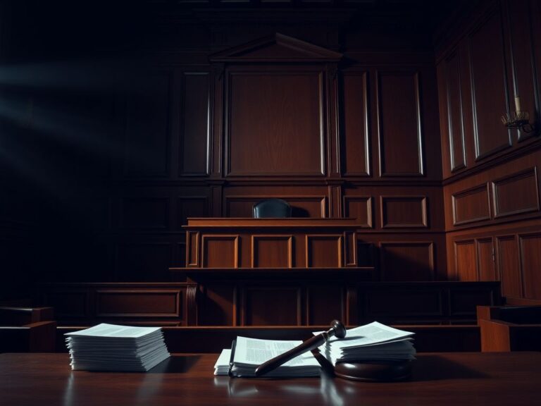 Flick International Dramatic courtroom scene featuring a large wooden judge's bench and empty witness stand