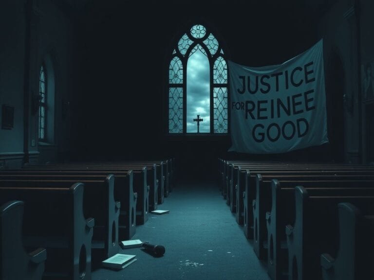 Flick International Dimly lit church interior showing empty pews and signs of disruption