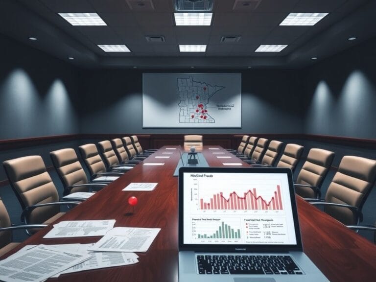 Flick International Empty conference room featuring a long wooden table scattered with documents related to Medicaid fraud investigations