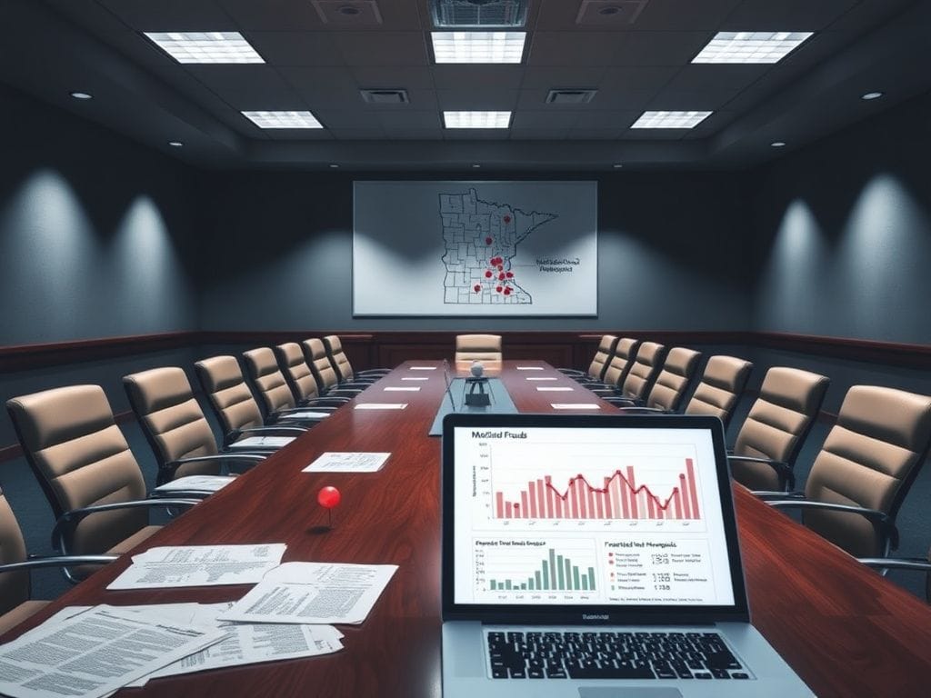 Flick International Empty conference room featuring a long wooden table scattered with documents related to Medicaid fraud investigations