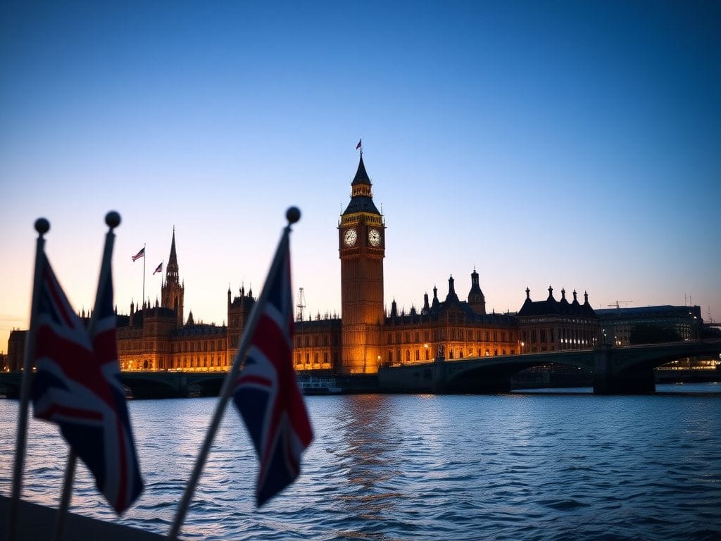 Flick International Panoramic view of the British Parliament building at twilight with US and UK flags