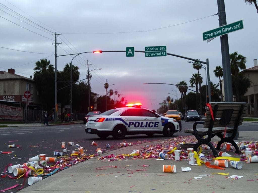 Flick International Urban street scene in Los Angeles post-MLK Day parade with police presence